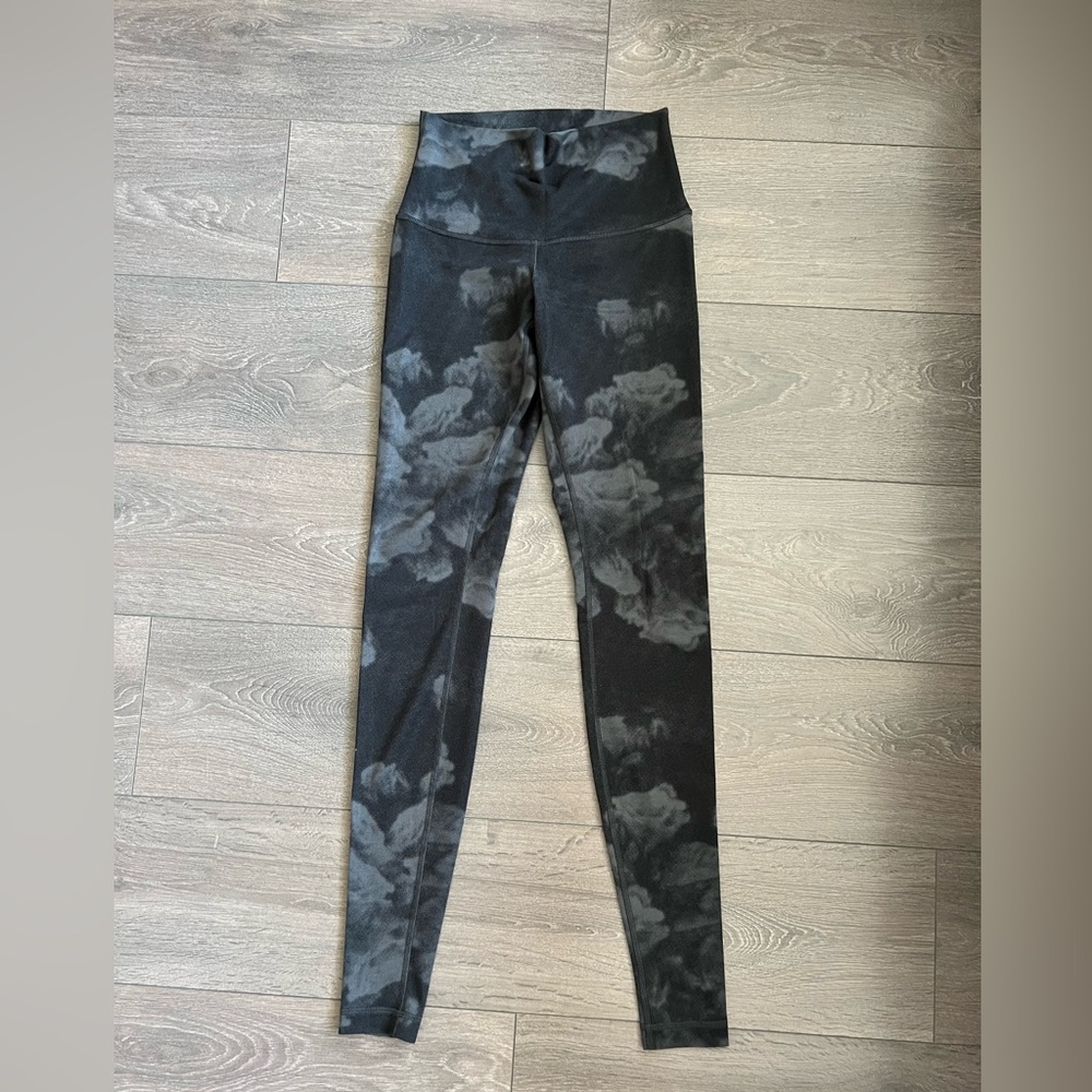 Lululemon Black Leggings with Gray Floral Design